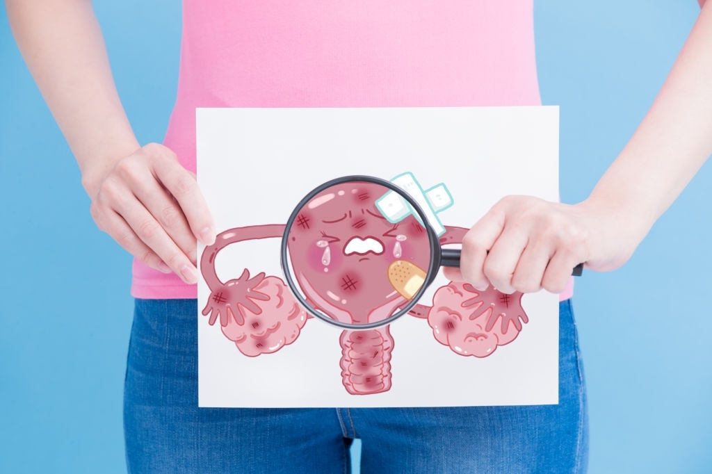 woman take sick uterus billboard and magnifying on the blue background